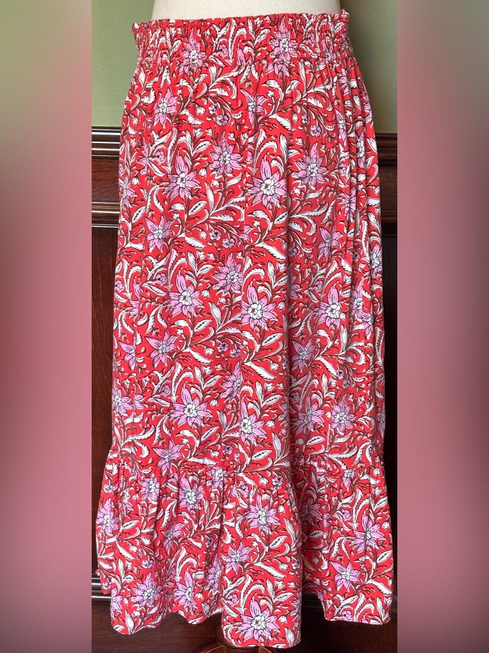 Red Floral Tiered Midi Skirt